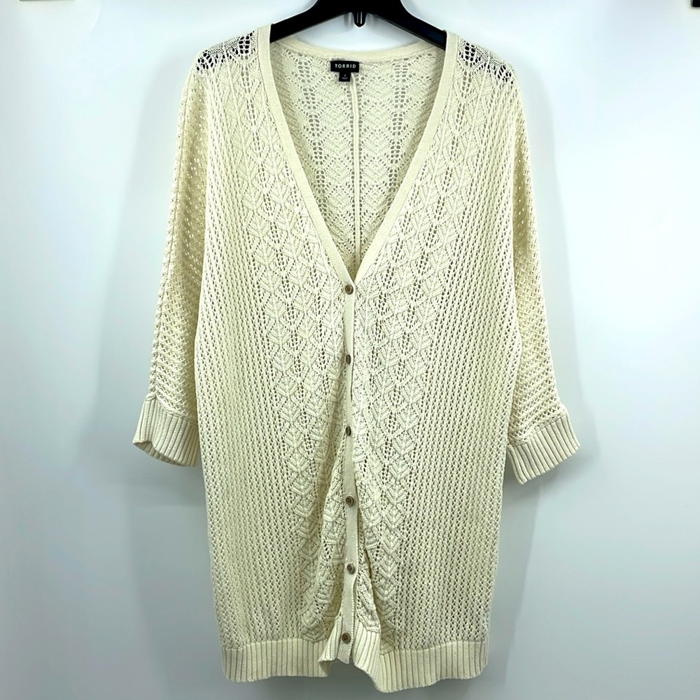 Torrid Cream Pointelle Knit Button-Front Cardigan Sweater Size 1 1X